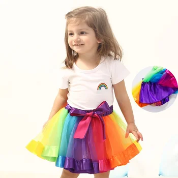 Летняя новая сетчатая юбка-радуга для девочек, модное детское однотонное платье длиной до половины, милые платья принцесс