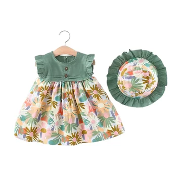 2 шт., детское платье для девочек, летние детские пляжные платья, комплекты одежды для новорожденных, детское платье + шляпа
