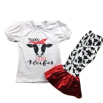 Летний костюм для девочки из бутика, милый топ с короткими рукавами и принтом в виде теленка, красные простроченные брюки, расклешенные брюки, комплект из 2 предметов