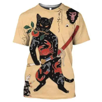 Винтажная футболка 2023 года с татуировкой кота Самурая, мужская 3D печать, крутое классическое искусство, Летняя футболка с круглым вырезом