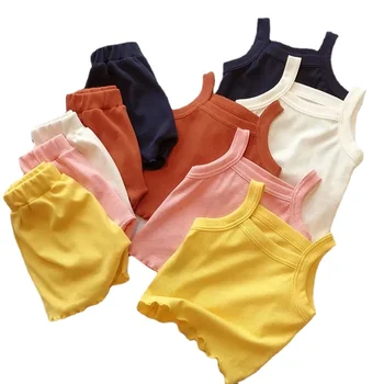 2023, Комплекты одежды из жилета и шорт для маленьких девочек, Корейский Однотонный Хлопковый Повседневный пояс без рукавов + Короткая одежда для младенцев из 2 предметов