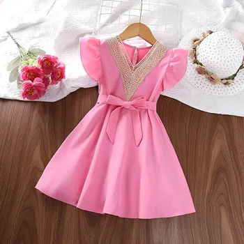Розовое платье, летняя одежда для девочек, новинка 2023 года, детские платья принцессы с V-образным вырезом и летящими рукавами от 4 до 12 лет, Винтажный сарафан в повседневном стиле