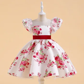 Винтажное летнее платье с цветочным рисунком для девочек Элегантные праздничные платья принцессы на день рождения Повседневный костюм с пышными рукавами Детская одежда