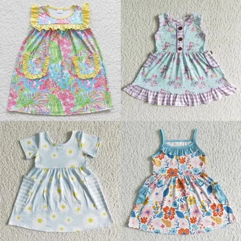 Оптовый Цветочный Бутик для маленьких Девочек, Летнее Детское платье с цветочными карманами и рюшами, Одежда для малышей длиной до колен