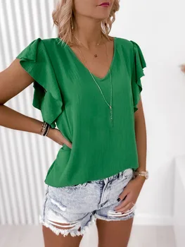 Летняя модная Однотонная Простая рубашка, Женская одежда 2023, Базовая Повседневная футболка с V-образным вырезом, Свободная футболка с короткими рукавами И оборками, Зеленый Топ