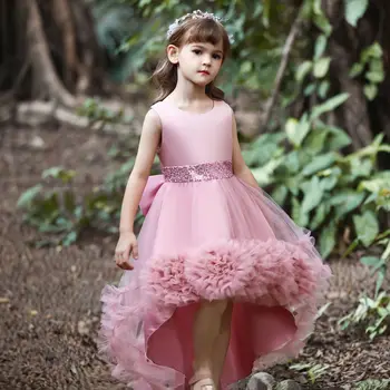 Пышное платье в цветочек с неровным подолом, детское платье принцессы, сетчатое платье для фортепианного представления без рукавов с шлейфом.