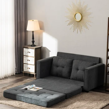 Двуспальный диван-кровать с откидной спинкой, Серый Диван-кровать, простой скандинавский стиль, Мягкая сумка из массива дерева 148 * 74 * 81 см