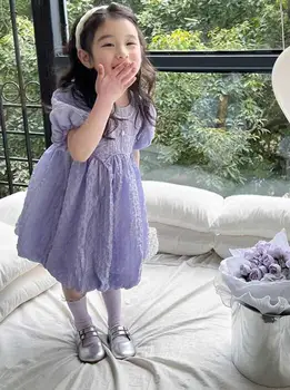 Детская одежда, милая рубашка с фиолетовым рисунком для девочек, платья с коротким рукавом для сестер, платье принцессы