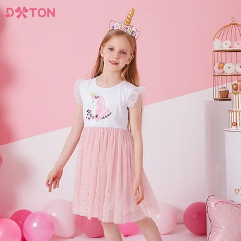 Летнее платье DXTON для девочек с рисунком Единорога, сетчатые вечерние платья принцессы для девочек от 3 до 8 лет, элегантная одежда на день рождения для девочек