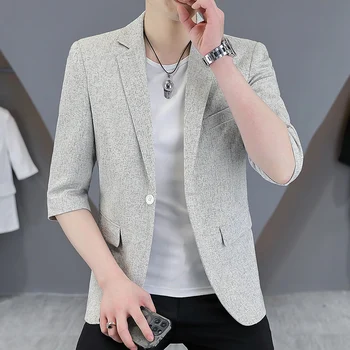 Летний мужской модный бутик 2023, повседневный, со средним рукавом, Однотонный, дышащий Корейский вариант, трендовый молодежный тонкий свадебный блейзер