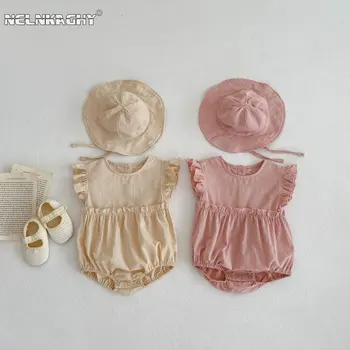 Новый Летний комплект из 2 предметов для новорожденных девочек: Боди с развевающимися рукавами + Солнцезащитная шляпа из Однотонного треугольного альпинистского костюма для малышей 0-24 м