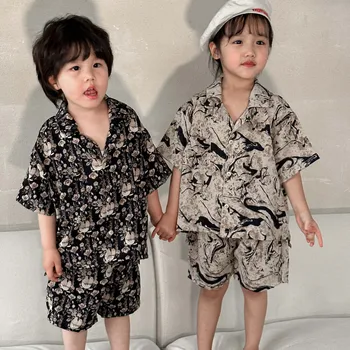 5728C Комплект детской одежды 2023, летний Новый красивый костюм для мальчика с жареной улицы, рубашка + короткий повседневный костюм-двойка для девочки