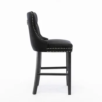 Барный стул с бархатной обивкой, тафтингом на пуговицах и деревянными ножками, хромированная отделка головок гвоздей, барный стул из 2 частей (черный), барный стул