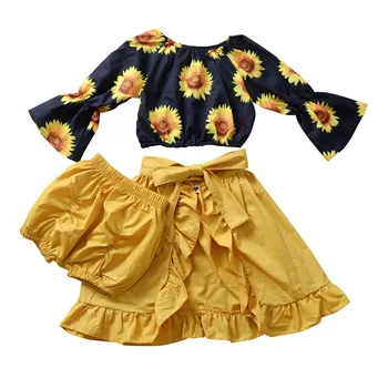 Летняя одежда для малышей, Одежда с цветочным рисунком для девочек, Летние комплекты с длинными рукавами и принтом подсолнуха, Топы + юбки