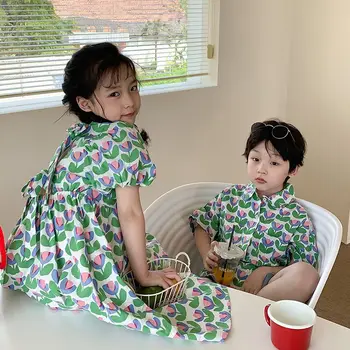 Одежда для старших братьев и сестер, Летнее Корейское платье для мальчиков и девочек, юбка с коротким рукавом и цветочным рисунком, Детская рубашка с цветочным рисунком, топ, Детская одежда
