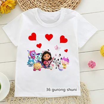 Футболка с мультяшным принтом Gabby Dollhouse для девочек, детская одежда Kawaii, футболка с милым котом, детская одежда, летние топы, футболка
