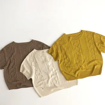 Детская Свободная Открытая Дышащая трикотажная футболка, Однотонные пуловеры для девочек, топы с ромбовидной сеткой, Мягкая рубашка с напуском снизу