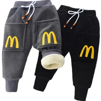 Брюки для мальчиков, зимние теплые плюс бархатные брюки для девочек, новинка зимы 2023 года, детские утепленные хлопчатобумажные брюки, детские спортивные брюки