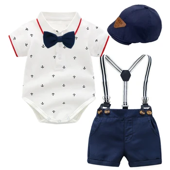 2023 Одежда для новорожденных Мальчиков, костюм со шляпой, ползунки с короткими рукавами, Хлопковый комплект летней одежды для младенцев с принтом