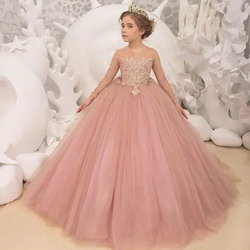 Розовые кружевные аппликации, платья для маленьких девочек-цветочниц на свадьбу, пышные банты, Бальное платье для Первого причастия, детское платье для вечеринки