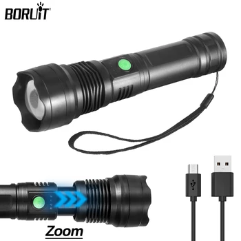 BORUiT Мощный светодиодный фонарик с зумом, тактический фонарь, встроенный аккумулятор 1800 мА, USB-аккумуляторный фонарь, Водонепроницаемый фонарь для кемпинга