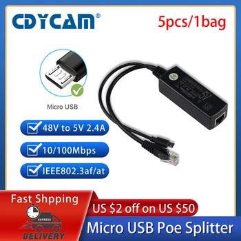 5 шт./пакет Micro USB Poe Splitter С защитой от помех Активный PoE Кабель Питания По Ethernet От 48 В до 5 В 2.4A IEEE 802.3af Raspberry Pi