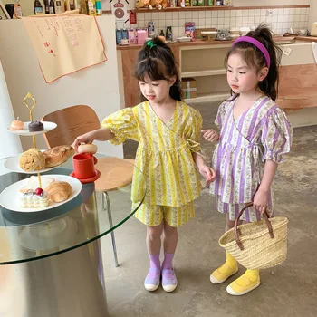 Летние комплекты одежды sisters с цветочным рисунком, хлопковая свободная блузка и шорты с пышными рукавами, комплекты из 2 предметов