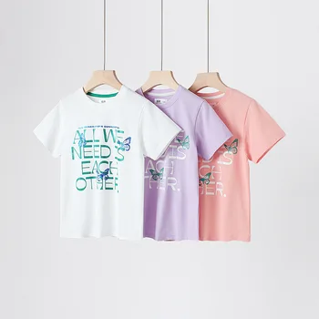 Детская одежда Летняя Корейская версия, повседневная футболка с короткими рукавами для девочек, детские бело-розовые топы из 100% хлопка