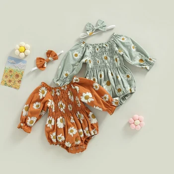 Весенне-осенняя одежда для малышей, комбинезоны для маленьких девочек, комбинезон с длинными рукавами и повязкой на голову с принтом маргаритки