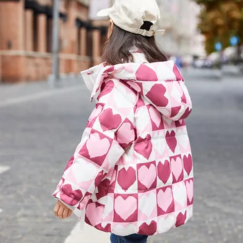 Новое зимнее пальто для девочек с капюшоном и принтом Lover, пуховик в Корейском стиле, модная теплая верхняя одежда для девочек, куртка