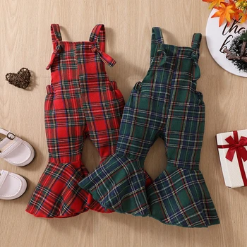 FOCUSNORM/ рождественские штаны на подтяжках для девочек от 0 до 4 лет, винтажные брюки-клеш с эластичным поясом в клетку для повседневного использования