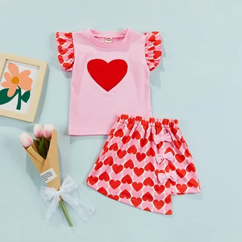Комплекты одежды для девочек FOCUSNORM на День Святого Валентина от 2 до 7 лет, футболки с оборками и рукавами-крылышками, принтом в виде сердца + юбка-трапеция с бантом