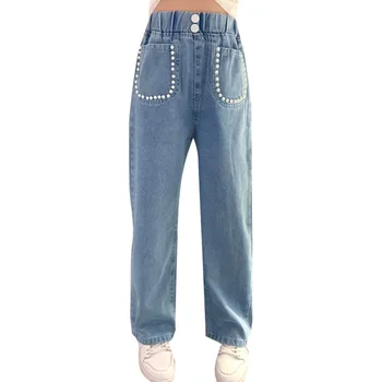 Джинсы для девочек однотонные детские джинсы для девочек Весна осень Детские джинсы Повседневная детская одежда 6 8 10 12 14