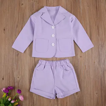 Осенние модные Детские комплекты одежды для девочек, 2 шт., Фиолетовое Однобортное пальто с длинным рукавом, Топы + шорты, наряды