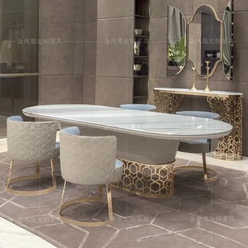 Индивидуальный итальянский светлый роскошный стол, простой мраморный овальный стол и стул в стиле постмодерн, комбинированная мебель из скандинавской высококачественной кожи