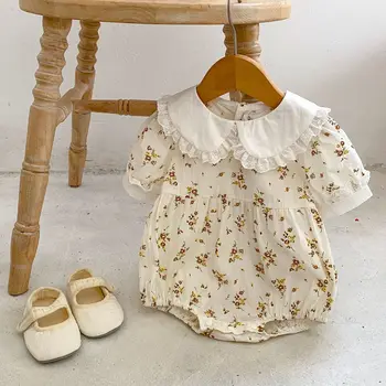 Летняя одежда для новорожденных девочек 2023, Детское Боди с коротким рукавом, Хлопковый кружевной комбинезон с лацканами, комбинезон с цветочным рисунком для маленьких девочек, Цельный