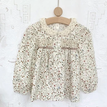 Весенние блузки с цветочным принтом для маленьких девочек, топы для малышей, детские рубашки с оборками, воротник с длинным рукавом, рубашка для девочек в корейском стиле