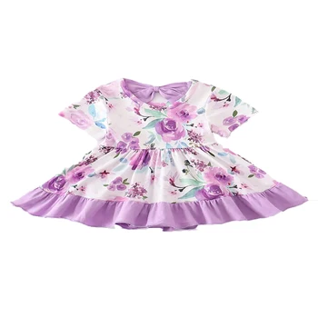 Новейший дизайн, платье с цветочным узором для девочек, фиолетовое с бантом, детское платье, летнее платье для девочек 3-6 лет