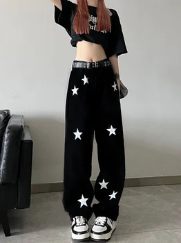 Джинсы с завышенной талией и звездным принтом, американские ретро уличные брюки с прямыми штанинами, мешковатые джинсы, женские черные брюки для уборки Y2k Hot Girl