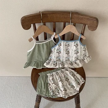 Мягкие дышащие кружевные рубашки с цветочным ремешком для маленьких девочек + шаровары, Летний комплект одежды для малышей, 2 предмета пляжной одежды для новорожденных