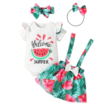 Одежда для маленьких девочек Летние боди с фруктовым принтом с развевающимися рукавами и юбкой с бантом на ремешке от 3 до 18 месяцев Комплект из 4 предметов для малышей