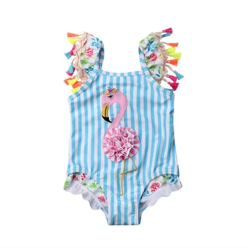 Новорожденные Дети, Бикини с фламинго для маленьких девочек, Ползунки с кисточками и коротким рукавом, купальники, купальный костюм, пляжная одежда
