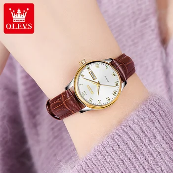 Женские часы OLEVS, роскошные женские часы из нержавеющей стали, модный Водонепроницаемый кожаный ремешок, люминесцентные кварцевые наручные часы 5568