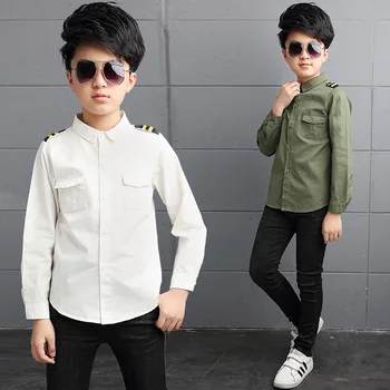 Новые весенне-осенние рубашки для мальчиков, Хлопчатобумажная армейская зеленая белая рубашка для больших детей, подростковая униформа с длинным рукавом, детская одежда от 8 до 12 лет