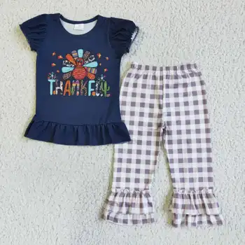 Прямая продажа с фабрики, осенние детские клетчатые штаны RTS, комплекты из индейки для малышей, наряды на День Благодарения для маленьких девочек