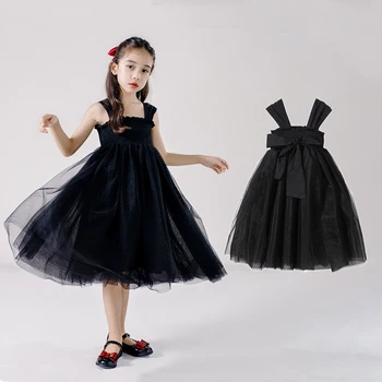 Новое тюлевое платье для маленькой девочки на день рождения, свадебное платье с открытой спиной и бантом, детская одежда для вечеринок, черное платье принцессы, платья с бантом для маленьких девочек