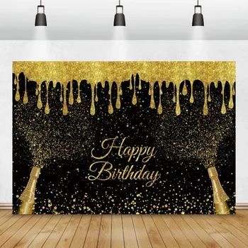 Черный фон С Днем Рождения Золотая Кисточка В Горошек Бутылка Шампанского Фон для Фотосъемки семейной вечеринки Пользовательский Фото Баннер