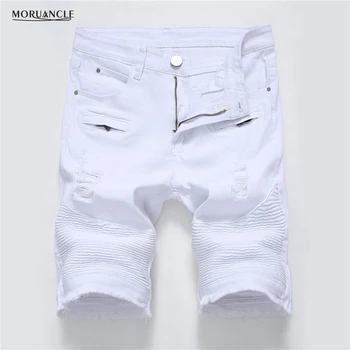 MORUANCLE Летние мужские рваные байкерские джинсовые шорты белые мото джинсовые шорты для мужчин с множеством больших карманов, брендовая дизайнерская обувь, большие размеры 28-40