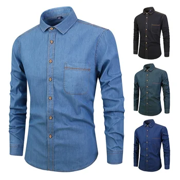 Стильная мужская джинсовая рубашка, классическая синяя рубашка с длинными рукавами, хлопковые повседневные рубашки, Весенняя брендовая одежда 2019, мужская джинсовая рубашка KK3101