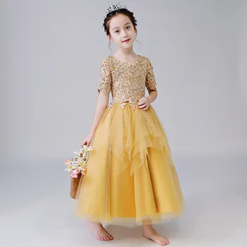 2023 новое золотое вечернее платье для девочек, платье принцессы, длинная юбка из пушистой пряжи, детское свадебное шоу, подиум, маленький костюм пианиста для ведущего